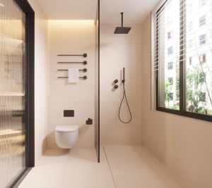 浴室采用干湿分离设计，用玻璃隔断，整体是暖色调的墙砖，高级感十足。