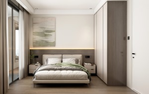 长辈房或者客卧一般都会选择比较简洁或者比较传统的家具或者布局，床和同色系的床头柜、衣柜，显得空间更加