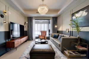 ▲客厅空间整体以美式轻奢风格的搭配，独特的造型与配色，让空间显得成熟优雅而又高级华丽。首先是墙面都加