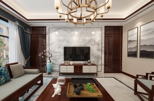 富安自建别墅300平新中式客厅电视背景墙效果图