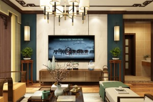 广汇家园120平三居室新中式风格电视背景墙装修