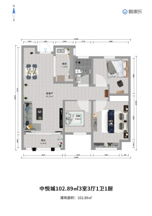 泰安中悦城103平米三居室北欧风格装修效果图户型图
