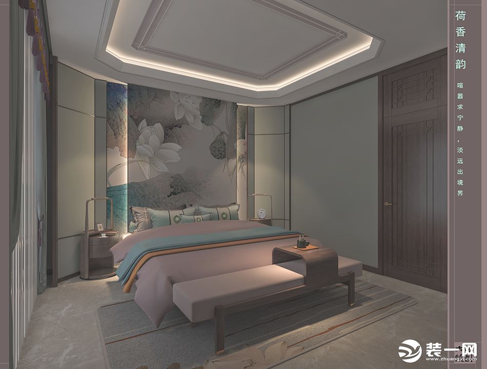 卧室：荷香清韵。出水芙蓉图作为背景，提取湖绿色、藕荷色作为装饰色，空气中流淌着自然、柔美的气息。