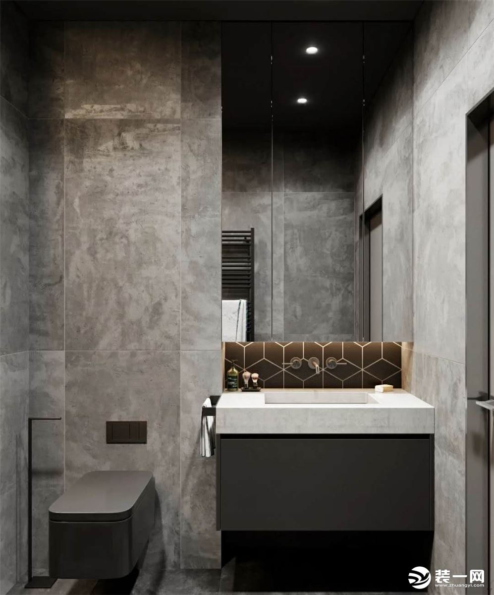 卫生间将黑白灰运用得十分惊艳，灰色的混凝土瓷砖使整个空间萦绕着高级感