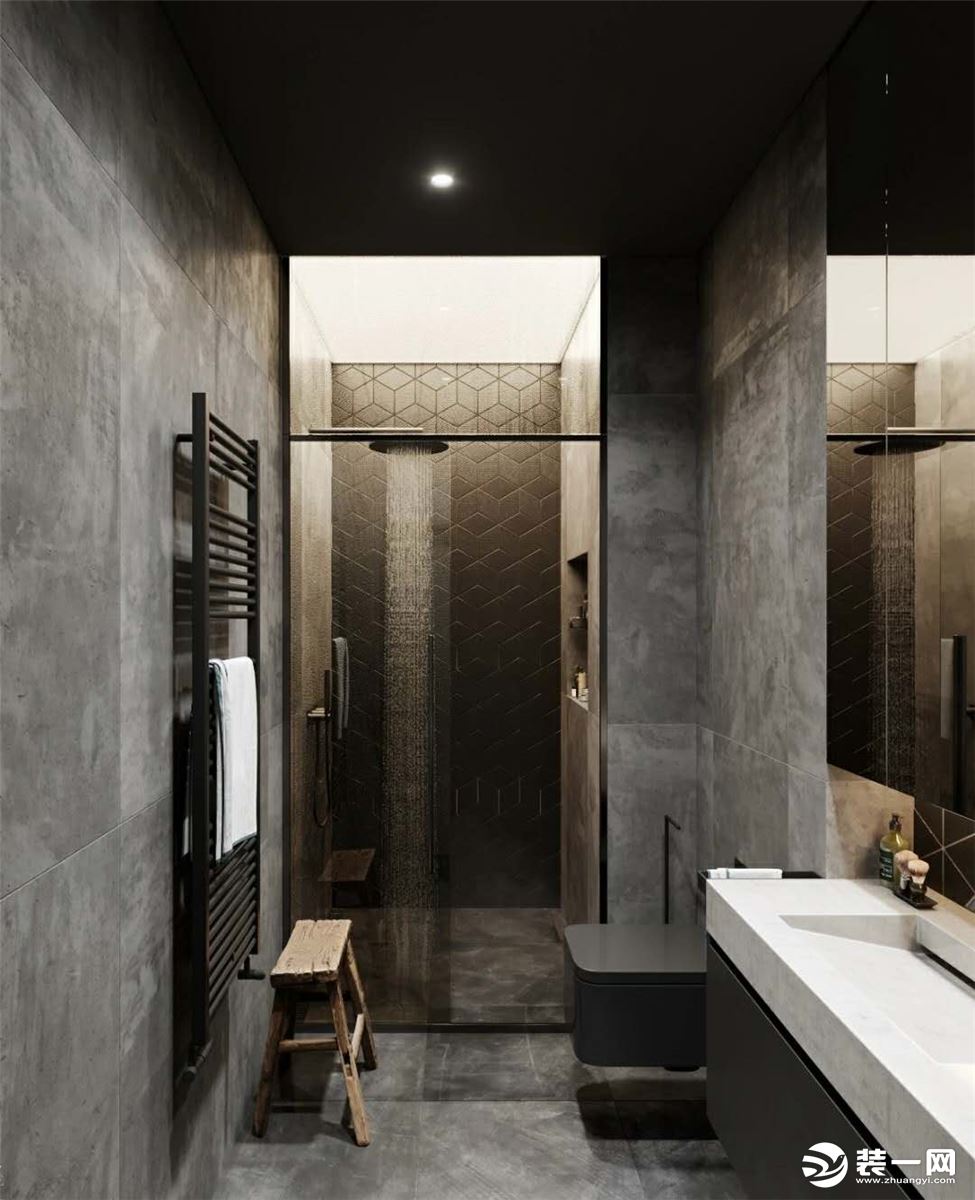 淋浴区的黑色几何背景墙外，却摆放着一张木凳，工业风与传统中国风进行了美妙的融合