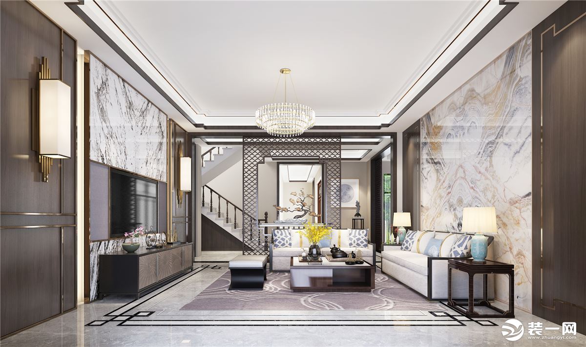 新中式客厅，运用大理石与黑胡桃的木饰面相结合的设计，让空间沉稳大气。
