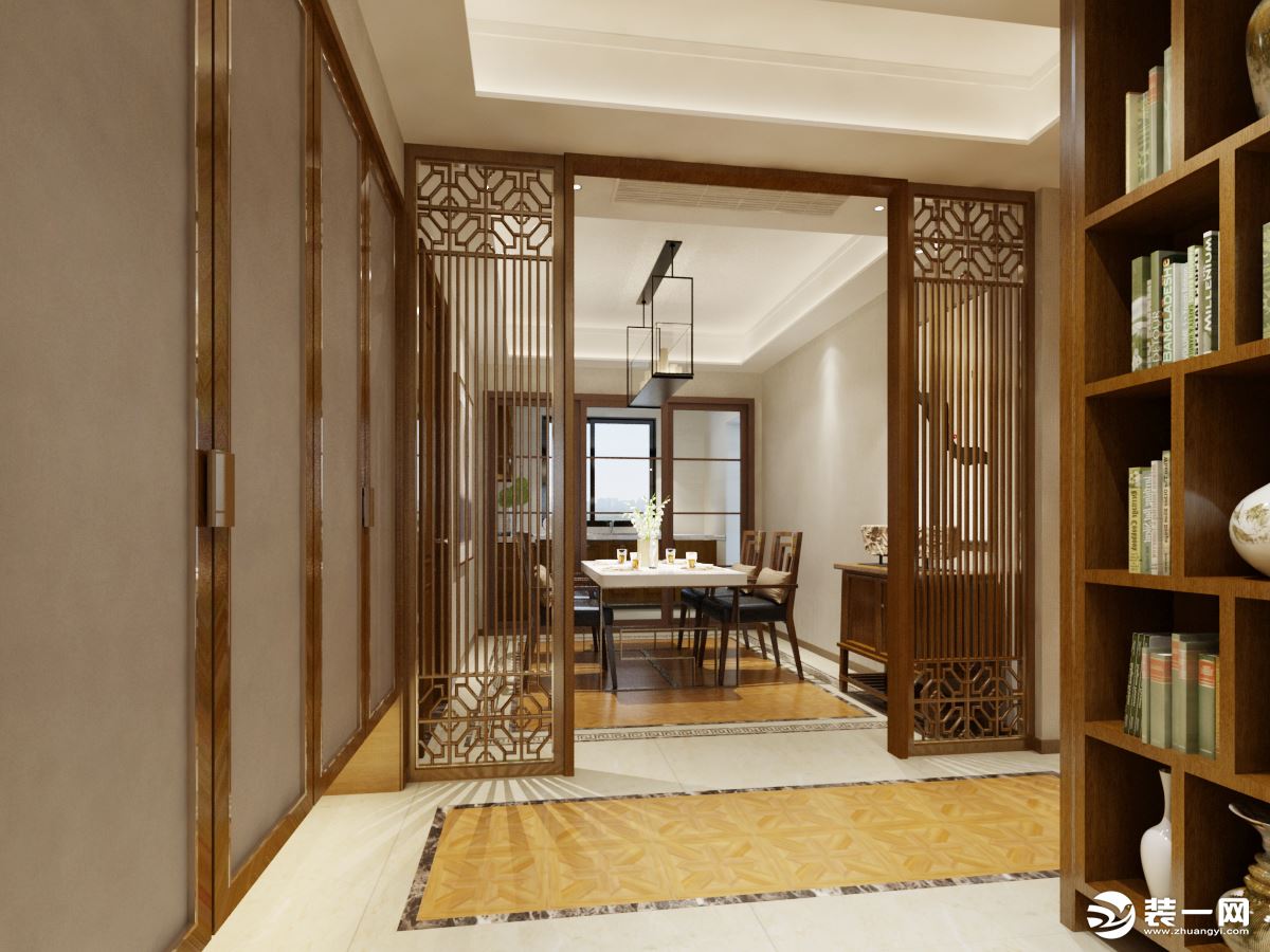 新中式客厅，全部定制的实木柜体，与新中式风格浑然一体