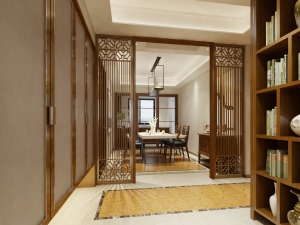 新中式客廳，全部定制的實木柜體，與新中式風格渾然一體