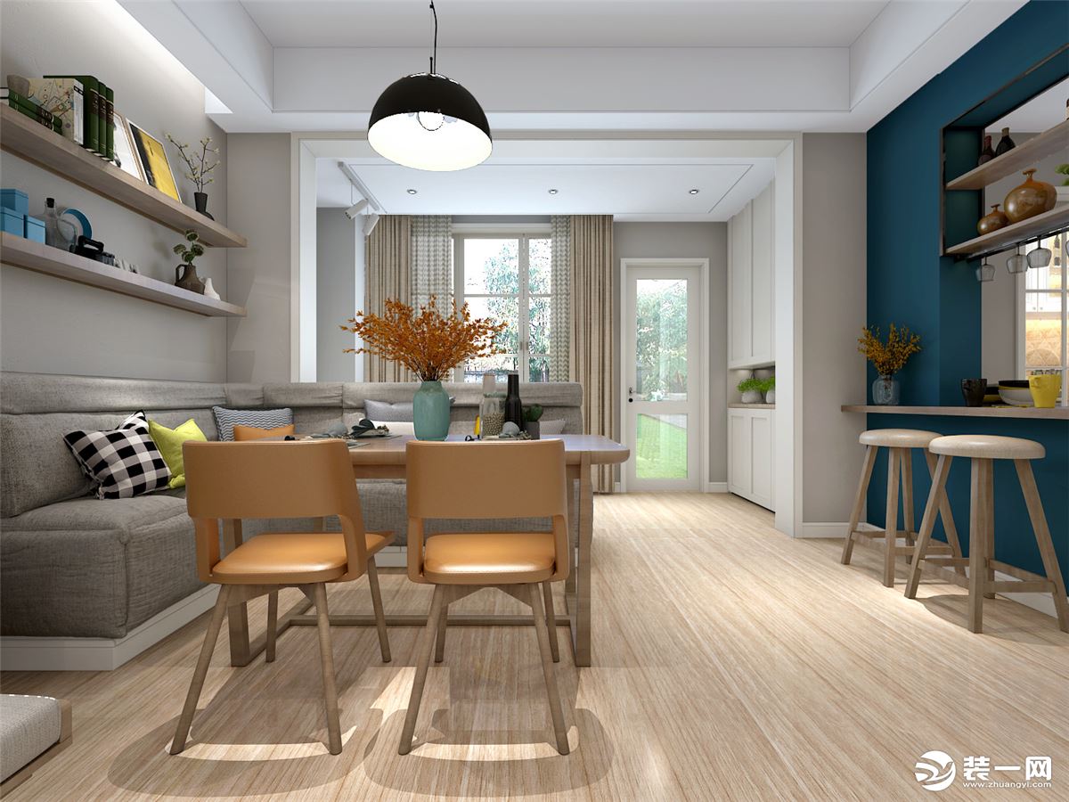 北欧风格家居设计，简洁、干练，让家中呈现一种自然的舒适、干净之美。木质地板，白色波点的墙面，餐桌椅就