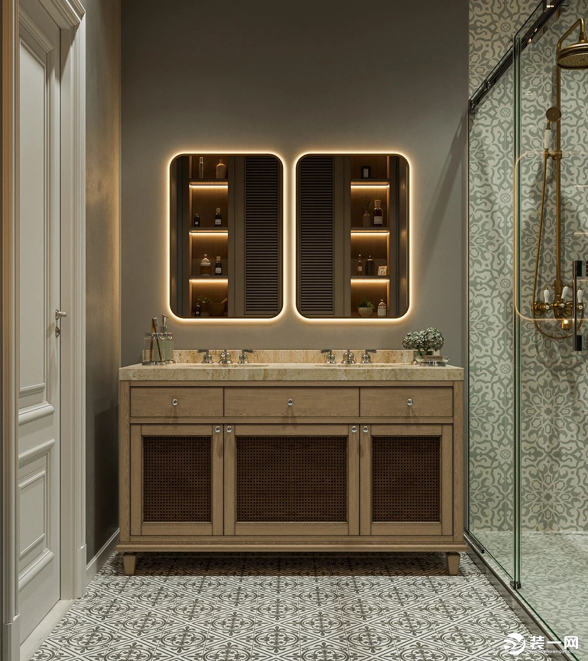 卫生间以绿色为主色调 搭配棕色的洗手台和橱柜 带来浓浓的复古韵味