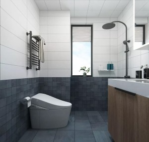 卫生间的墙面设计感独特，上面是白色，会让整个空间看上去明亮很多，下面是深灰色的瓷砖铺的，很耐脏又很沉
