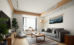 ▲ 客厅吊顶进行了木、纹处理，与家具地板相呼应，增强了整体风格的统一性。