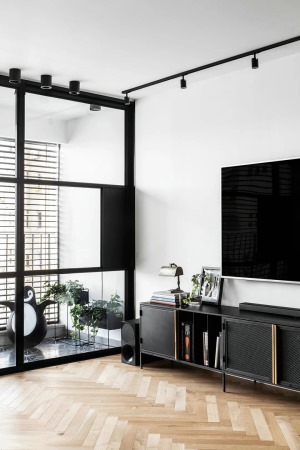 简洁的电视墙，布置黑色的铁艺架电视柜，还有琴叶榕的大盆栽，呈现出一种极简高级的时尚视觉感。