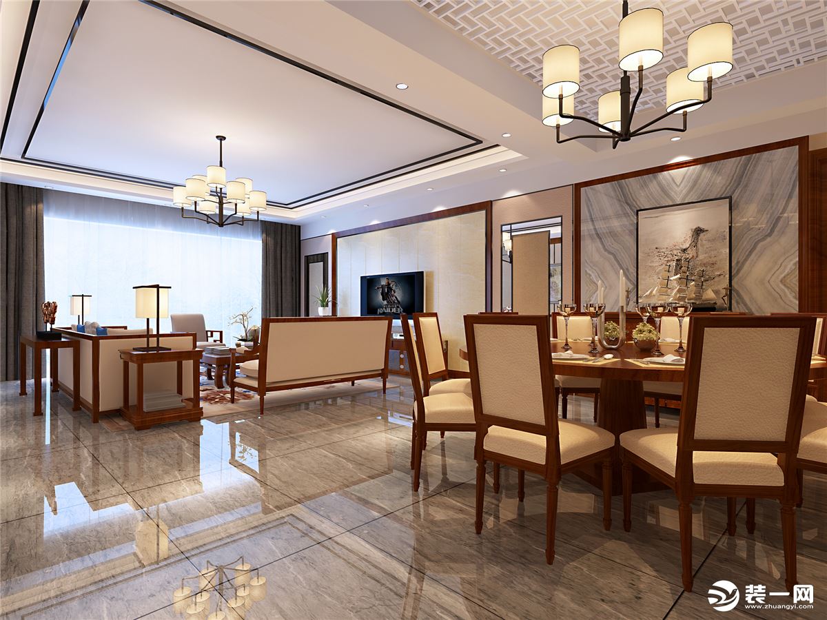 简筑装饰深业上城360平新中式风格案例  客餐厅