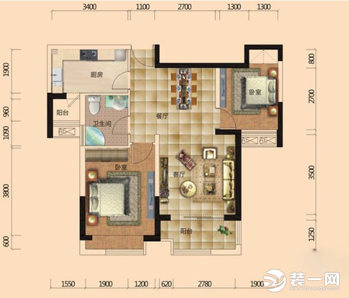 襄陽康庭裝飾北歐設(shè)計風(fēng)格89平兩居室家裝效果圖布局圖