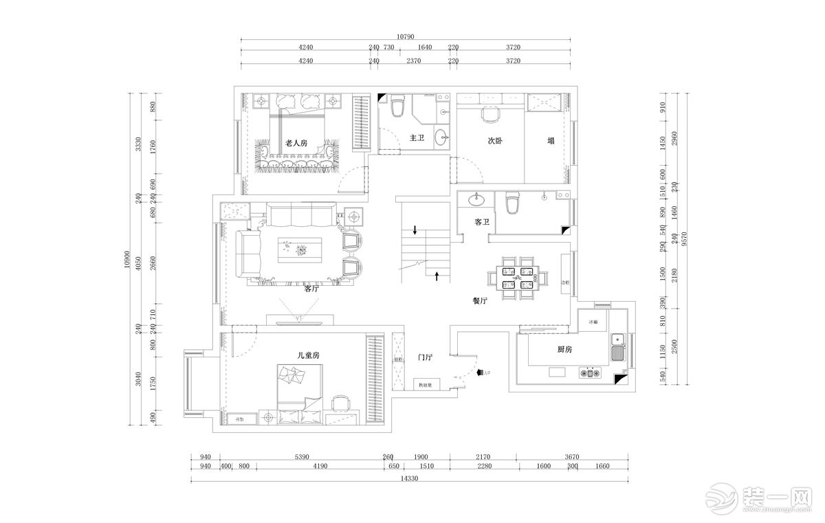 五室三厅三卫户型，南北通透，客餐厅比例完美，只需满足客户要求改动足以。