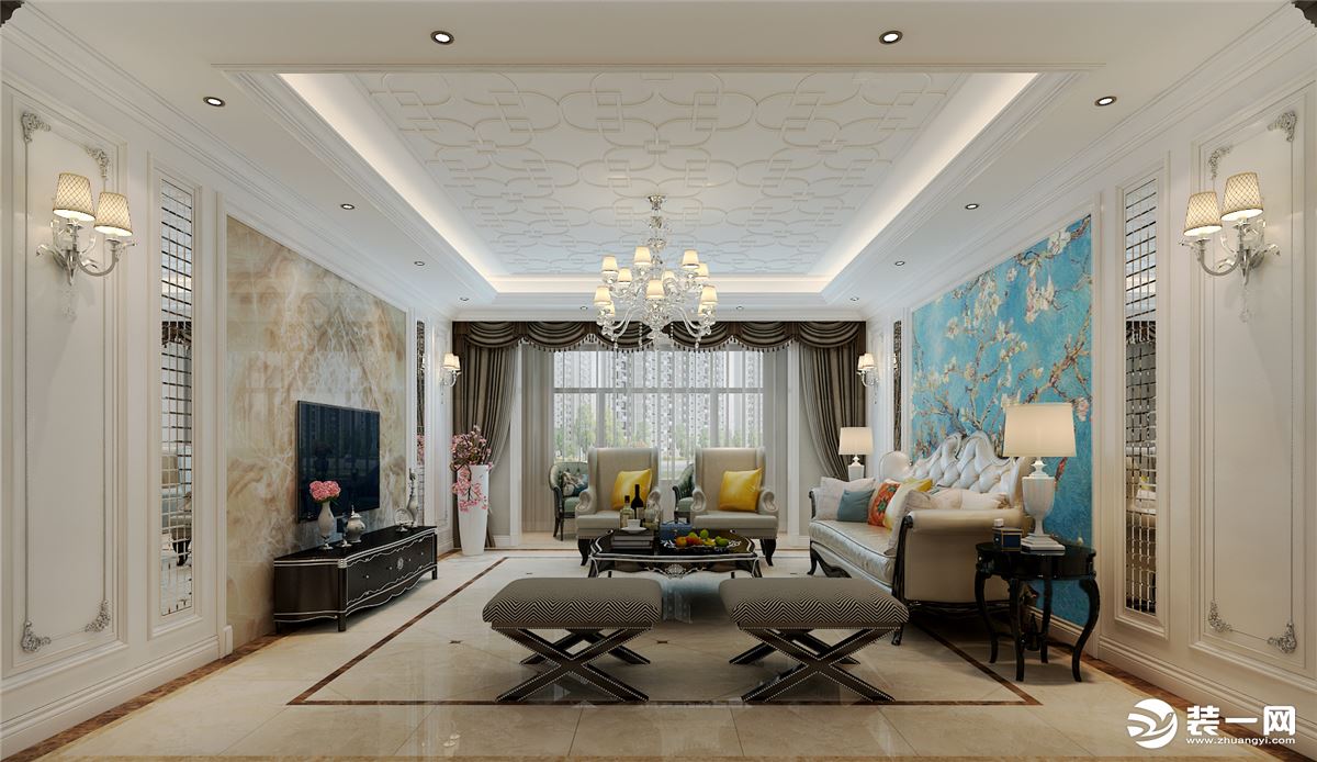 客厅以优雅的线条，精巧的细节处理，大方稳重的摆件，给人以愉悦的享受。
