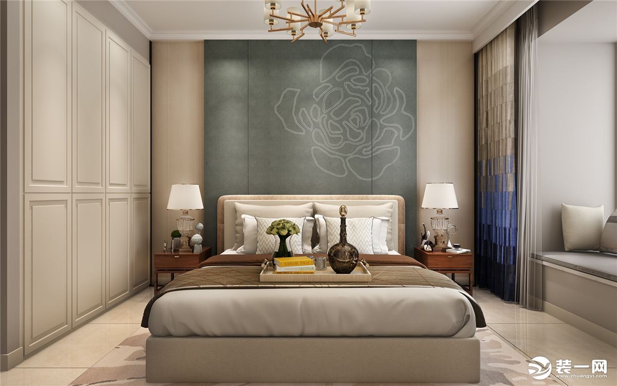 卧室是整套房子中最私人也是最体现出温馨休闲感的空间，以米黄色壁纸和象牙白搭配。