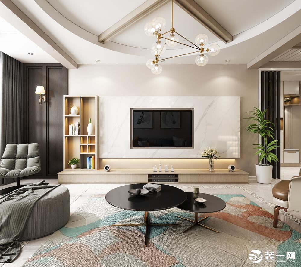 客厅采用黑白的几何线条，细脚元素，轻体量的功能性家具，休闲的观影设备，让原本简洁的空间更添层次；