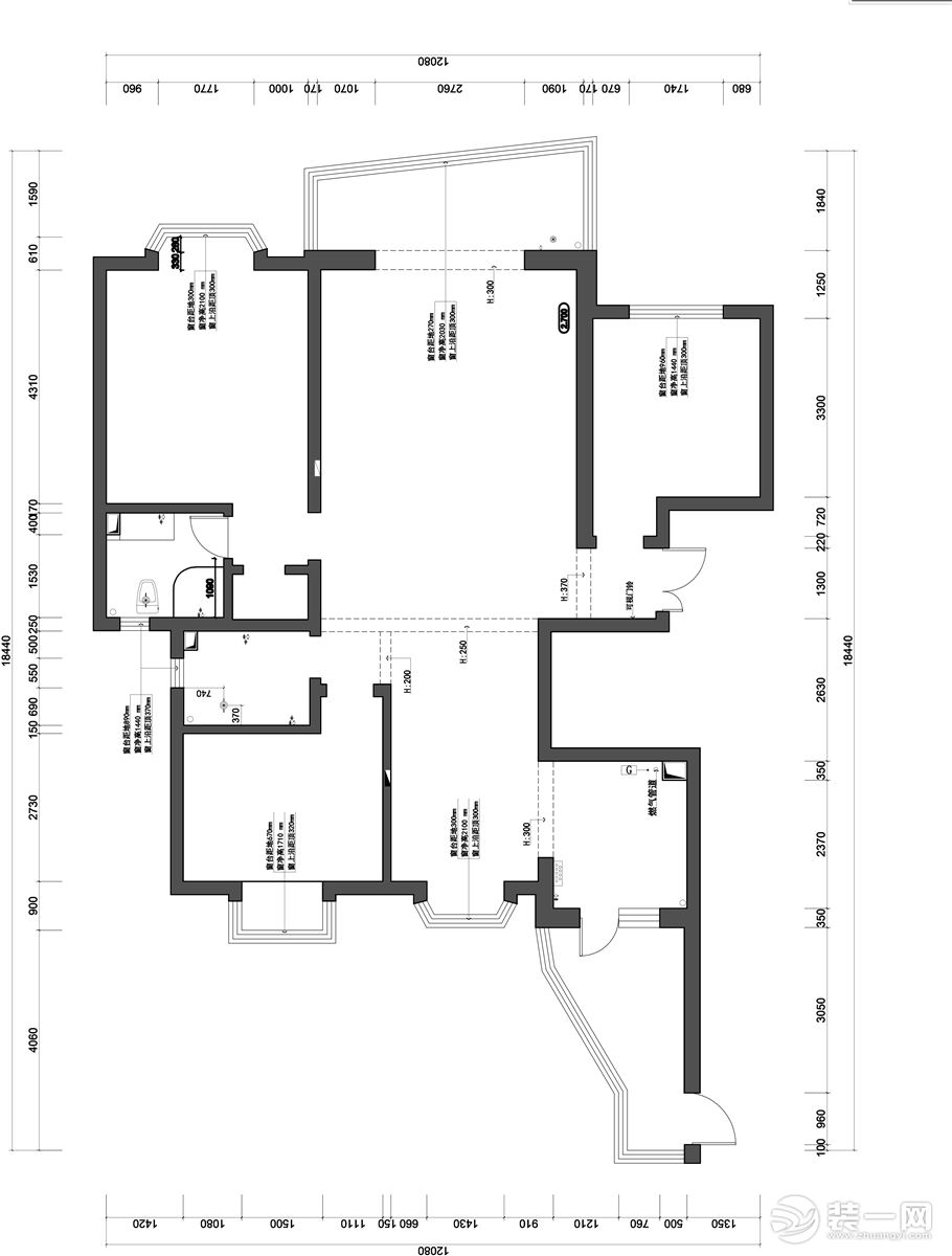 城市一号163平米三室两厅两卫现代简约风格：原始结构图