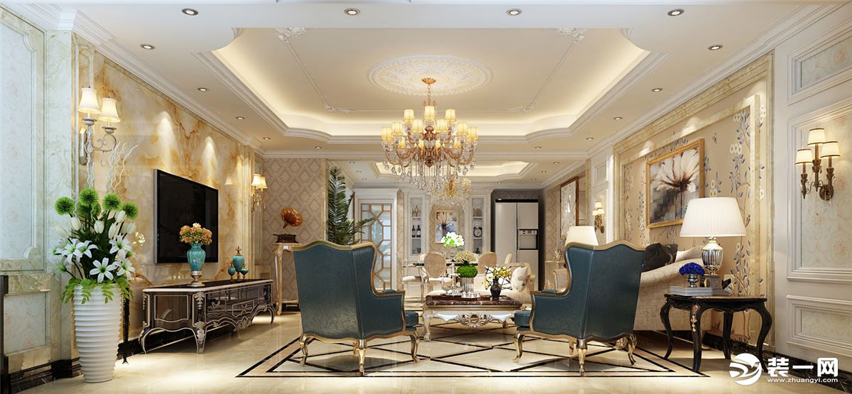玺云台 196㎡ 欧式风格  客厅的装修设计，在蓝灰色的沙发的点缀下，以金色为主调的整个空间，协调得