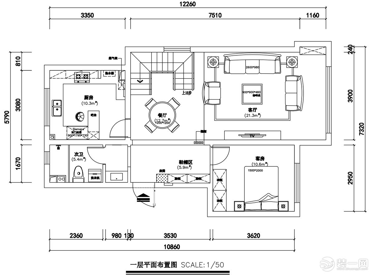 海珀兰轩复式165㎡现代时尚平面布置图，户型方正整体均衡，客厅与双卧室朝南，动静区与基本功能合理