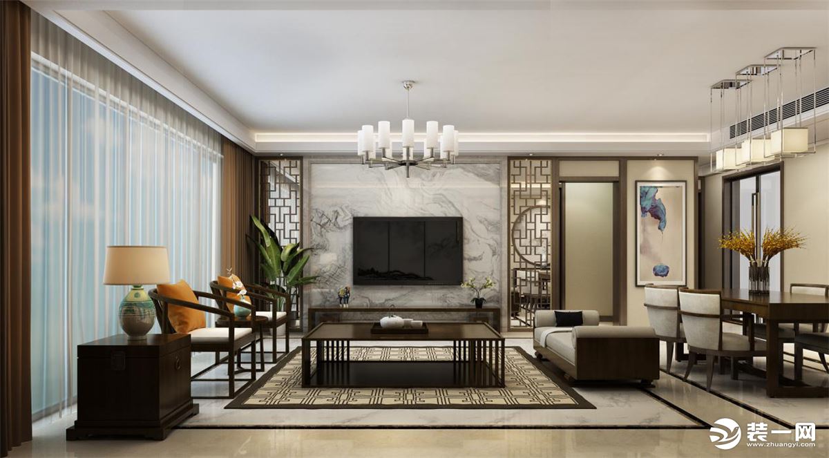 天山熙湖142㎡新中式客厅装修设计，黑白的几何线条，细脚元素，轻体量的功能性家具，休闲的观影设备，让