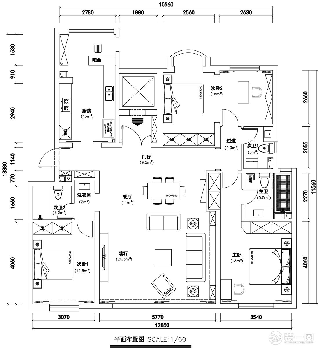 天山熙湖142㎡新中式平面布置图，户型方正整体均衡，客厅与双卧室朝南，动静区与基本功能合理
