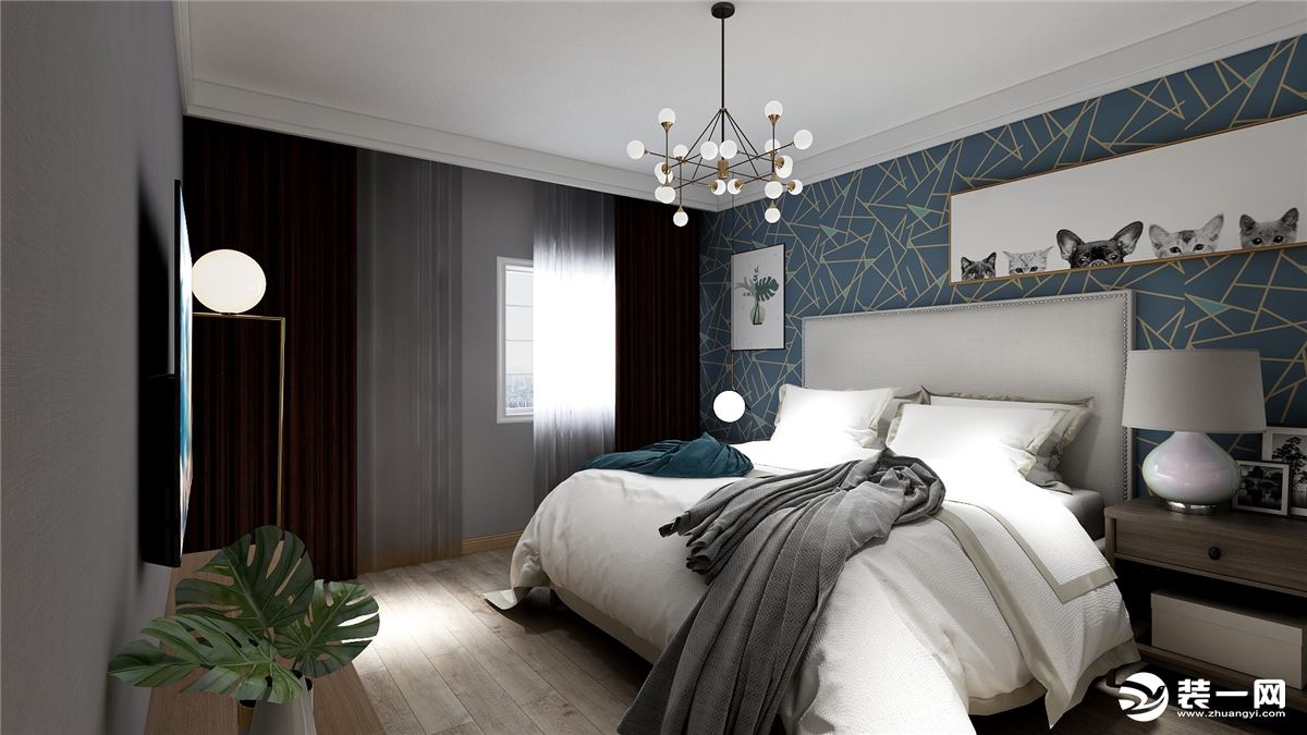 在宽敞的主卧里，木质材料从地板到家具，烟灰色床品，床头装饰性吊灯相辅相成，整个居室空间好似意境悠远，