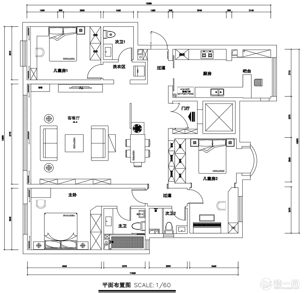 天山熙湖142㎡新装饰主义轻奢平面布置图，户型方正整体均衡，客厅与双卧室朝南，动静区与基本功能合理。