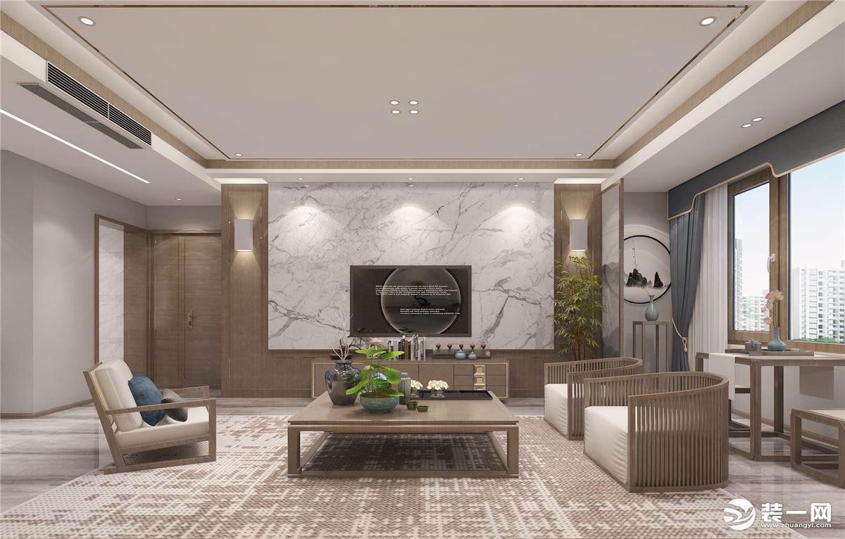 银川新房装修客厅：客厅空间布局疏而不空，满而不溢，恰到好处的分寸感，塑造更符合现代人审美的新中式艺术