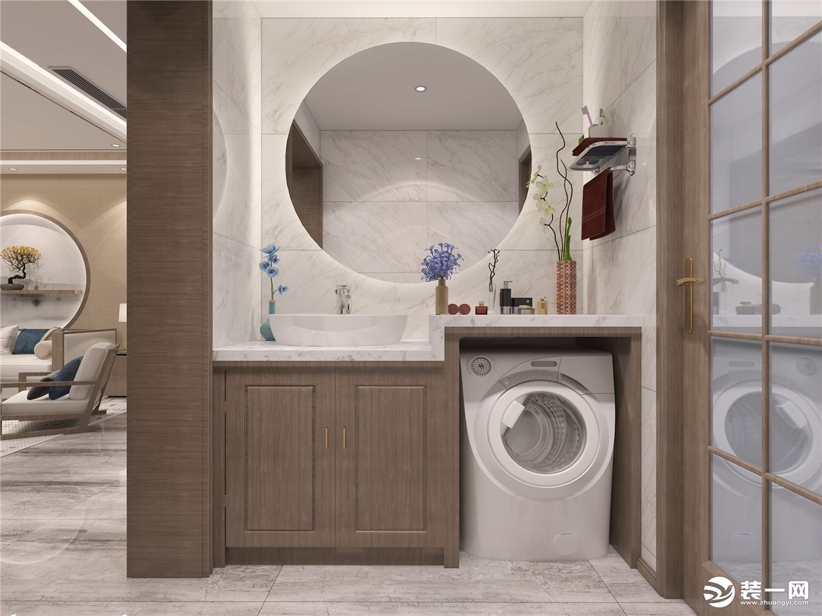 银川新房装修卫生间：不论是圆镜后透出的光，亦或洗手台摆设的花，都在诉说着新中式的清透、内敛。