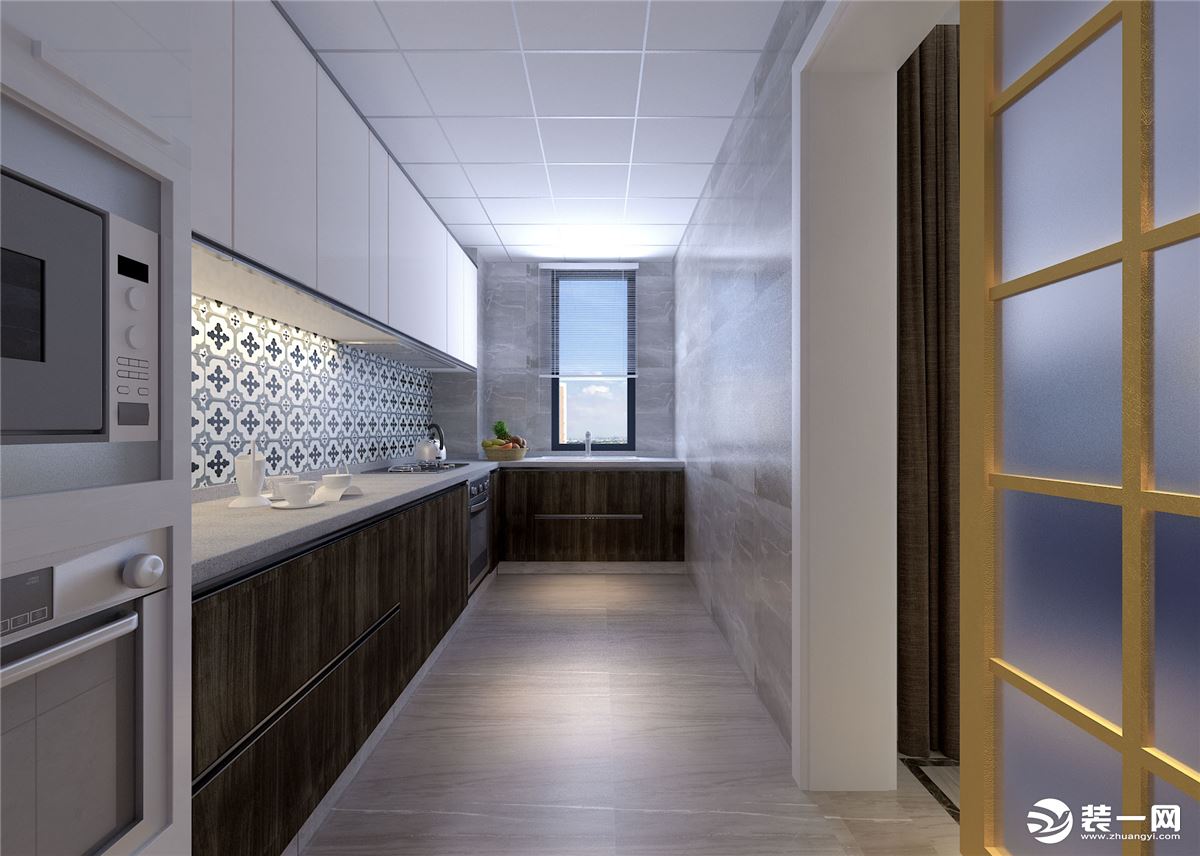 三室两厅新房装修：L型厨柜提高了空间使用率，让厨房有更宽敞的操作空间。