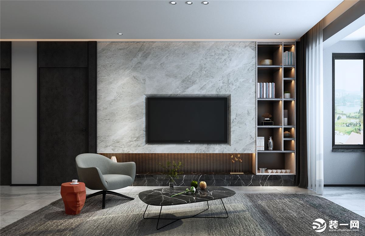 银川新房装修：嵌入式电视背景墙，轻体量家具，赋予空间干净利落，又不失轻奢感的氛围。