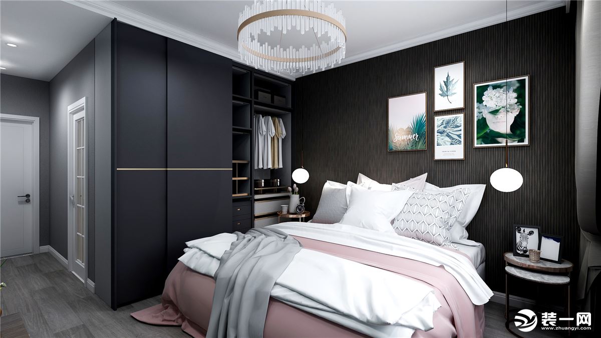 银川装修：黑白灰的空间内，一抹茱萸粉让整个卧室充满温情感受。