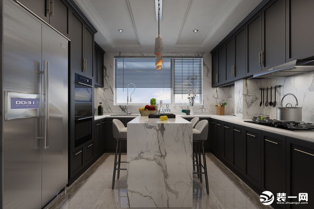 银川装修： 厨房的设计结合西厨的设计，设置了中岛台，合理规划了功能区的分布。