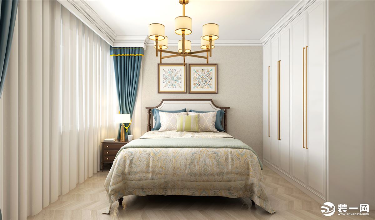 卧室清淡近人的配色只为自然舒适，白色软包美式大床，避免了设计元素的脱节。