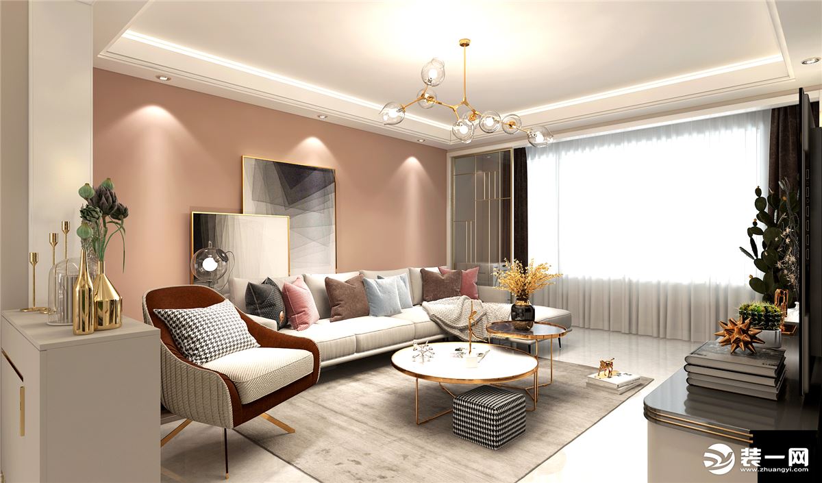 这套婚房的装修设计从入门开始以烟粉色墙面为主调延伸到客厅，保持空间颜色的连贯性。