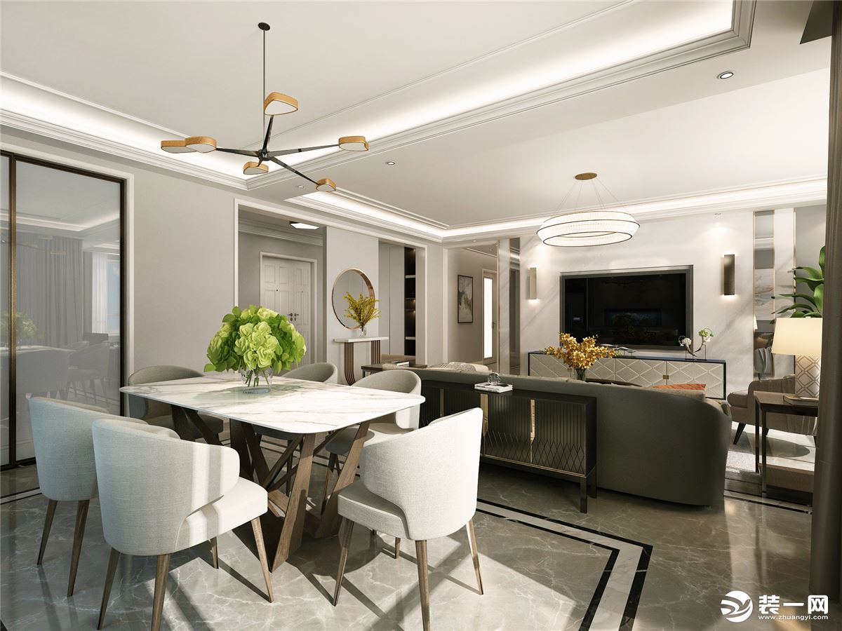 敞开式餐厅的装修设计规划，结合了空间格局中的家居动线合理原则，将居家生活的随适感完美展现。