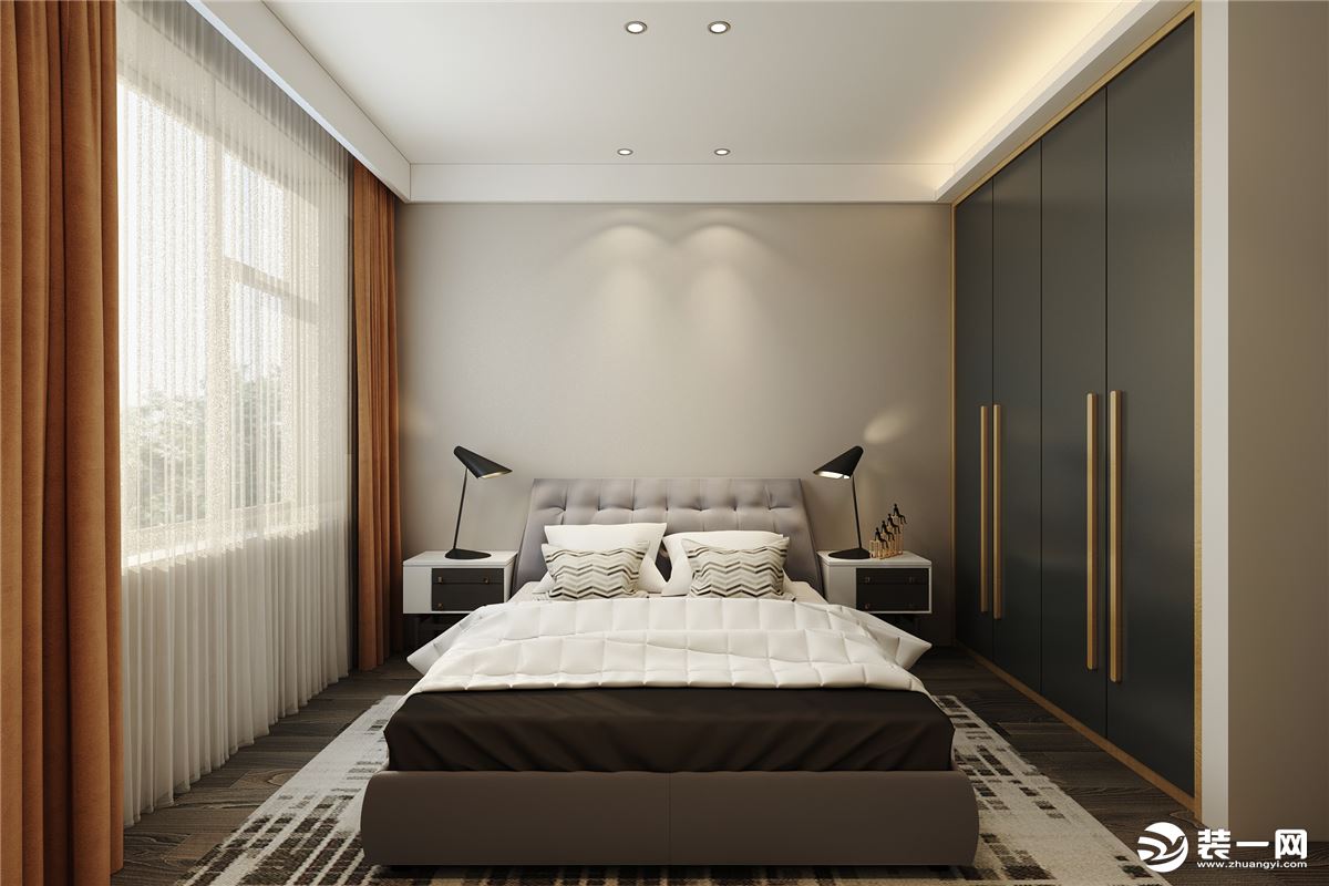 次卧整体高级灰+暖橙的搭配，让空间看起来安静温柔，更加突出卧室空间的功能性。