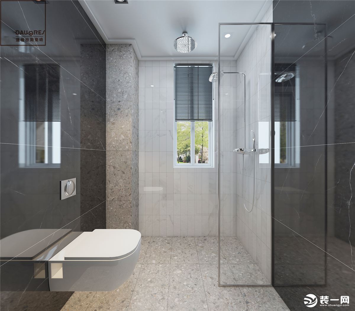 卫生间的装修设计以简洁明亮为主，黑底白纹瓷砖，与整体空间的装修调性相呼应。