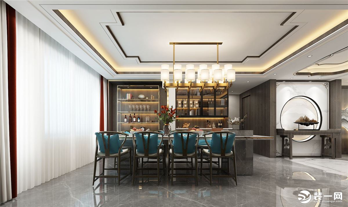 银川新中式餐厅装修的餐椅选择了更有历史感的圈椅，圆润流畅的线条构造，承载用餐时的休闲惬意。