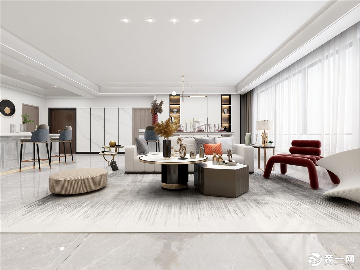 一把红色丝绒单椅，打破银川轻奢装修风格的客厅灰调的宁静，带动起银川轻奢装修风格的客厅专属的活力氛围。