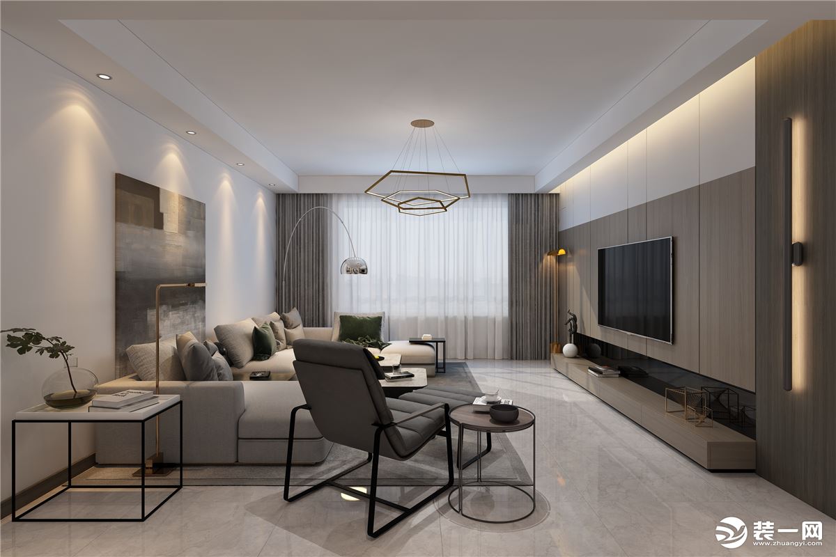 稳重的灰色调，以欲扬先抑的方式，为轻奢风格装修设计的客厅留出遐想空间，保持整洁的同时不失家的温馨。