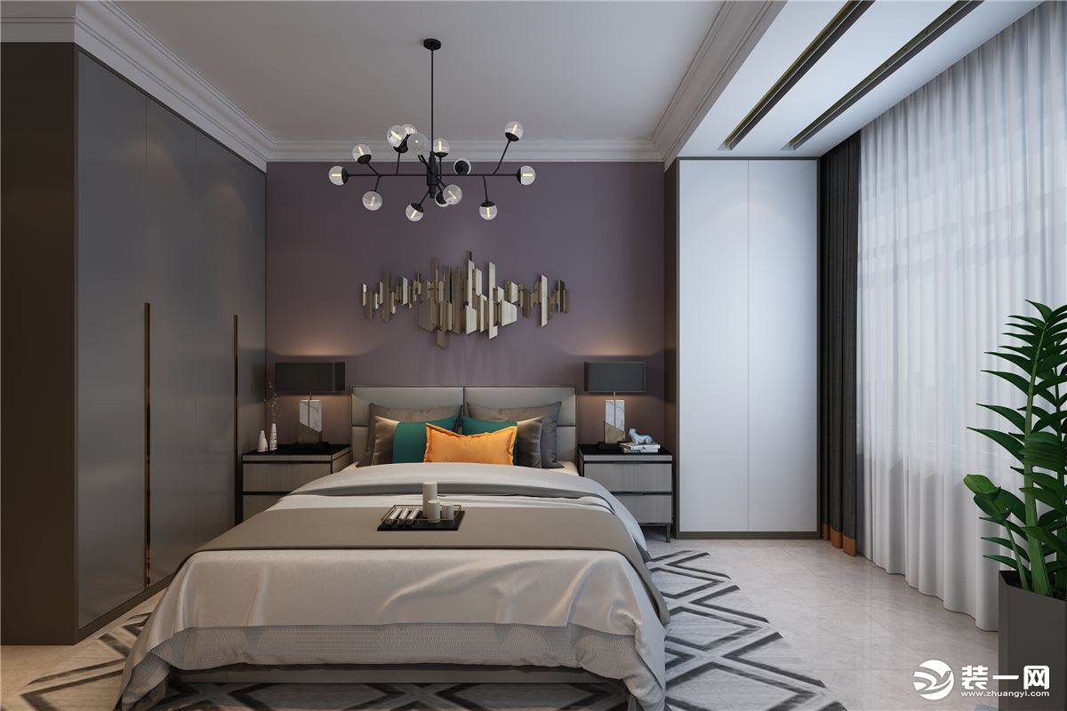香芋紫的背景打造成熟的空间底蕴，这个轻奢风格装修设计的卧室，是你喜欢的吗？