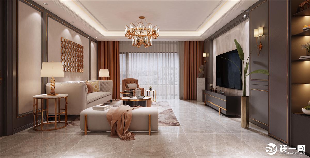 美式装修风格与现代审美融合的客厅空间，利用简洁的单层石膏线嵌入金属线条，打造出高级的艺术护墙板效果。