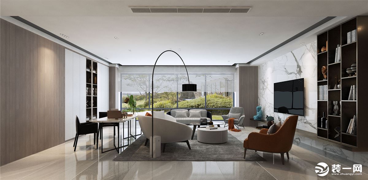 客厅装修通铺灰色地砖，加以绝佳的采光，让家有了“透气”感，一把橙色单椅，成为进门的第一道亮点。