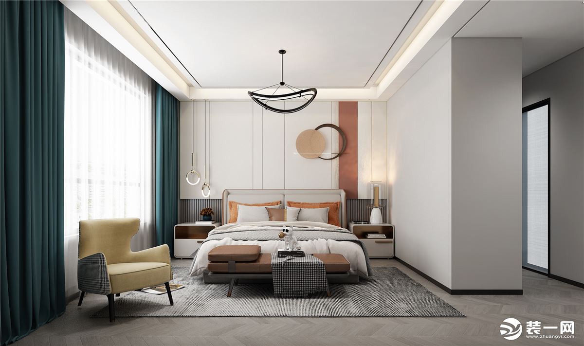 主卧空间的装修设计以简约的手法构筑纯粹的生活情境，让静谧与质感的格调油然而生。