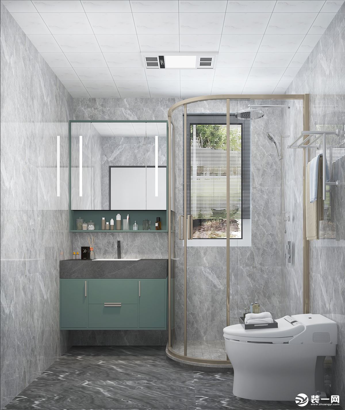 卫生间干湿分离的设计方便使用，金属与石材，打造干练时尚的现代空间感。
