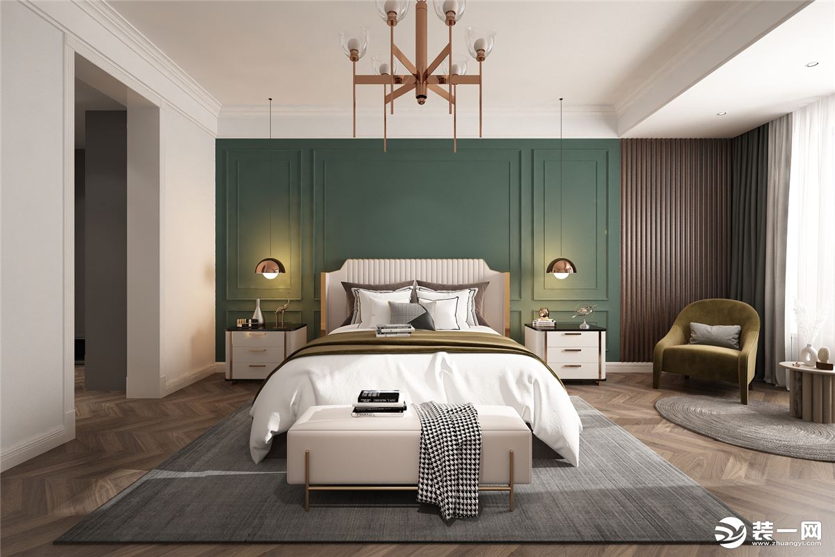 在另一间卧室的装修效果图中，在银川装修公司昌禾装饰以一抹复古绿带来满满的怀旧情调。